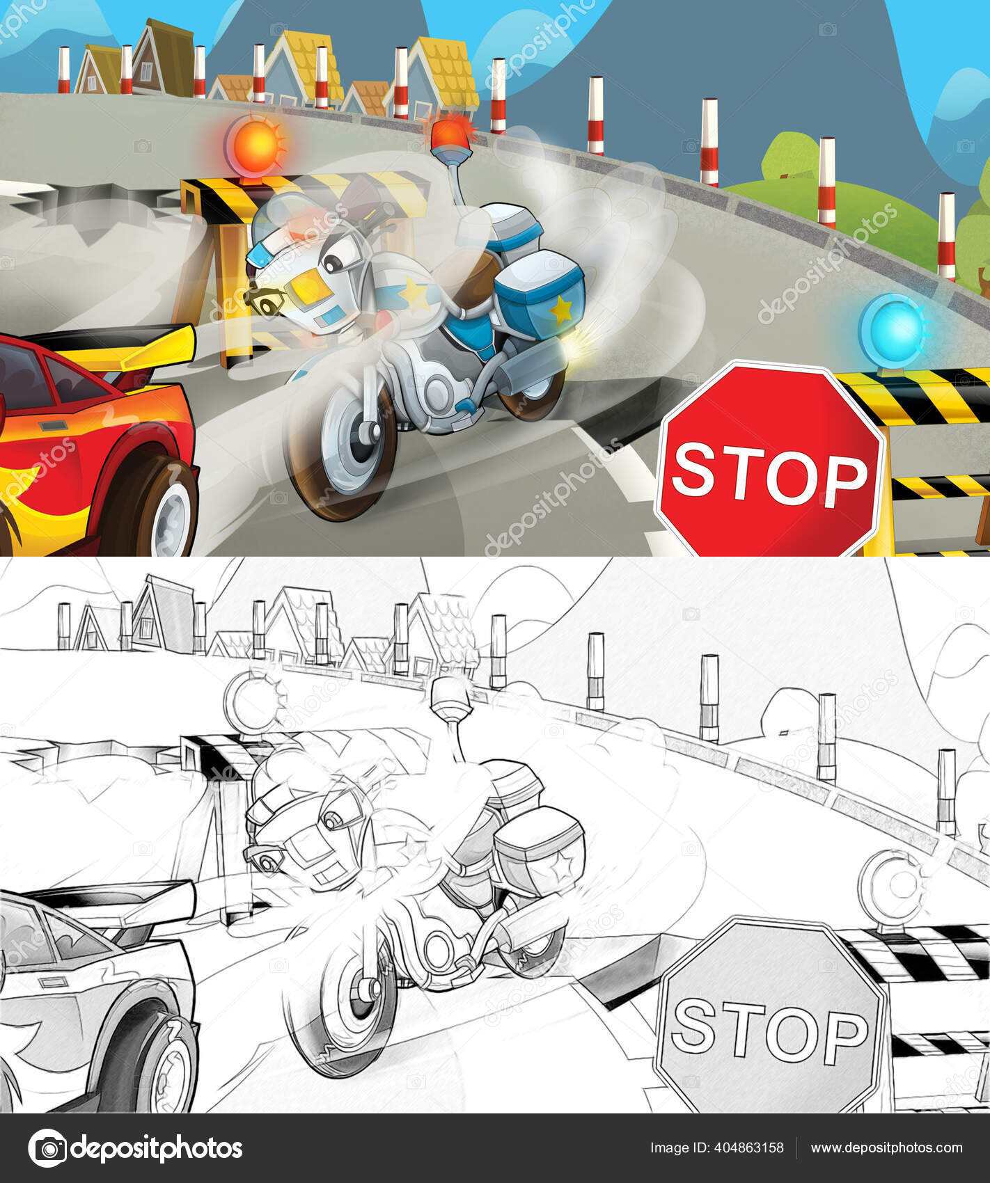 Desenhos Animados Cena Perseguição Policial Moto Policial